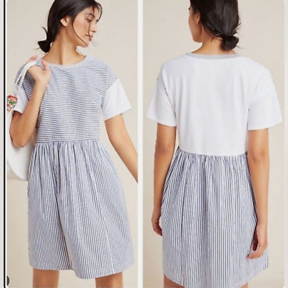 Anthropologie Womens Mixed Media Shift Dress Blue White Stripe Size XS Casual